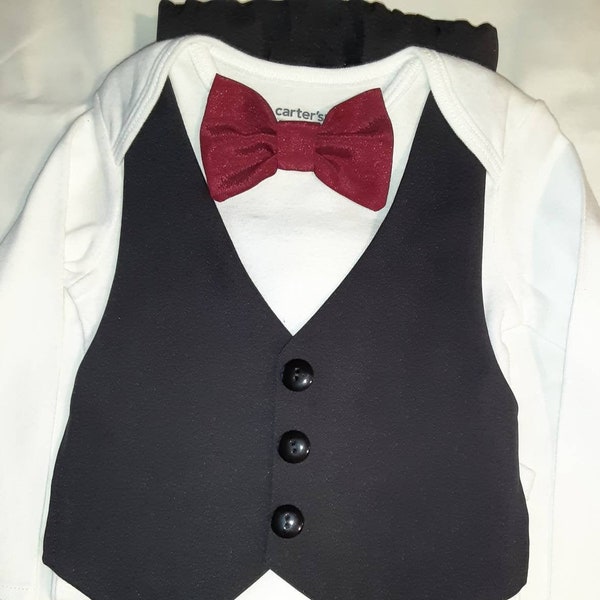 Baby Wedding Outfit Tux Black Baby Suit Tux Carter'sBodysuit Vest Pants Burgundy BowTie ANY Color BowTie Newb-24mo. Add Hat USA BabyCuteBaby