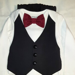 Baby Wedding Outfit Tux Black Baby Suit Tux Carter'sBodysuit Vest Pants Burgundy BowTie ANY Color BowTie Newb-24mo. Add Hat USA BabyCuteBaby image 3