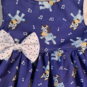 BLUEY Dress Bluey Dancing Musical Notes Dog Family Bluey Birthday Party Dress 1st Birthday Bluey Dress Sleeveless or FlutterSleeve 3mo to7yr