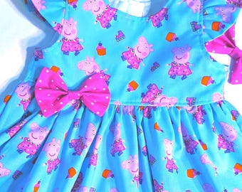 Peppa Pig Dress Little Girls Blue & Pink Dress Birthday Party Character Dress 1st Birthday Flutter or Sleeveless Toddler Party Dress