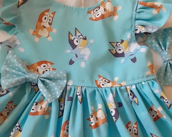 BLUEY Dress Bluey & Bingo Family Bingo  Bluey Birthday Party Dress 1st Birthday Bluey Dress Sleeveless or FlutterSleeve 3mo to 7yr.