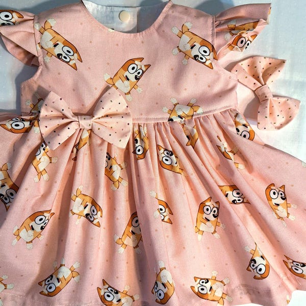 BINGO Dress Bluey Family Peach Birthday Party Dress 1st Birthday Bingo Dress Sleeveless or Flutter Sleeve 3mo to 7yr. Handmade Cotton Dress
