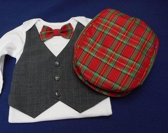 Christmas Baby Boy Suit w/ Pants- Hat and Vest Dark Gray Pin Stripe Suit Fabric Red Christmas Plaid Bow Tie & Hat Bodysuit Newborn to 24 mo.