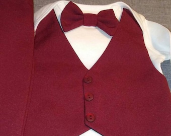 Baby Suit Burgundy Maroon Suit Valentine EASTER Boy Suit-Wedding Suit Christmas Suit -Bodysuit Vest Bow Tie  or add Pants- Hat BabyCuteBaby
