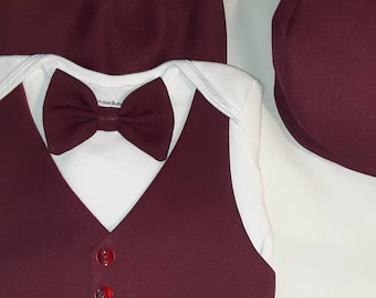 Baby Boy Suit Dark Burgundy Maroon Suit Fabric Vest Pants Bow Tie on Carter's Bodysuit Long or ShortSleeve -add Matching Hat -Newborn to24mo