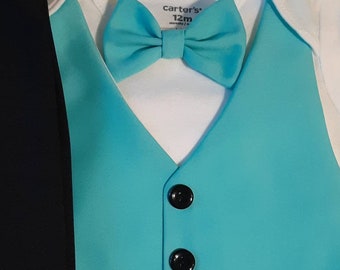 Baby Boy Suit Outfit Vest Bow Tie Turquoise Aqua Satin -Black Pants Carter'sBodysuit Newb to24 mo OR Any color Vest&Bow Tie Wedding Easter