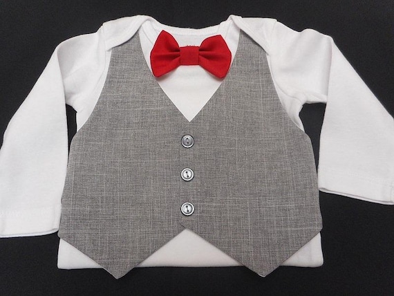 Baby Boy Vest Bow Tie Bodysuit Light Gray Suit Fabric Red Satin OR Any  Color Bow Tie Newborn to 24 Photos Wedding Birthday (no pants)