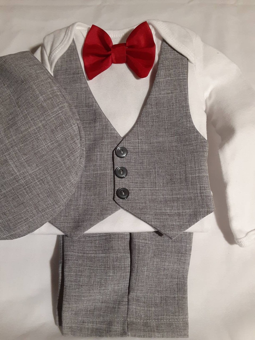 AMERICAN HANDMADE Baby Boy Gray Suit Wedding Light Grey Vest Pants Red