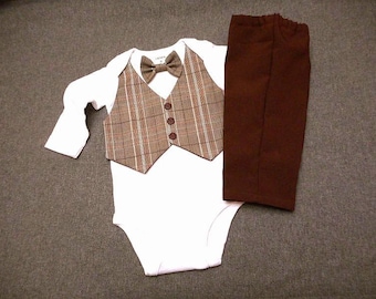 Baby Boy Suit Vest Bow Tie Brown Plaid Brown Pants Suit Fabric Newborn to 24mo. Thanksgiving Fall Wedding Photos Visit BabyCuteBaby.etsy.com