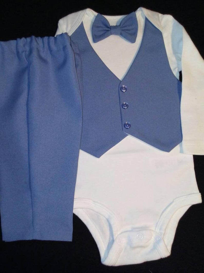 Baby Boy Outfit Suit Slate Blue Easy Care Suit Fabric Short or Long Sleeve Carter's Bodysuit Newborn to24 mo. Handmade USA BabyCuteBaby 画像 2
