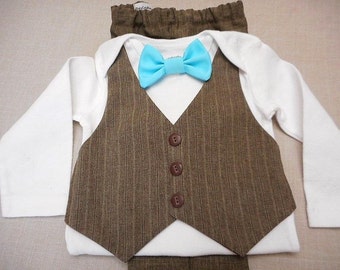 Baby Suit Outfit Vest Brown Pin Stripe Suit Fabric Pants in Solid Brown Aqua or Any Color Bow Tie Any Size Newborn to 24 mo. for AnyOccasion