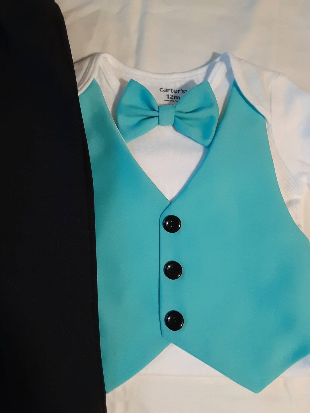 Baby Boy Suit Outfit Vest Bow Tie Turquoise Aqua Satin black Pants