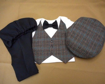 Baby Boy Suit Vest Bow Tie Black Pants AND Hat with Carter's Bodysuit Black & Brown Blue Plaid Suit Fabric Newborn to 24 mo. Wedding-Photos