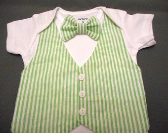 Baby Boy Outfit Summer Vest & Bow Tie Seersucker Fabric available in Green White BlueWhite GrayWhite Tan/White Newborn to24mo Summer Wedding