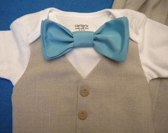 EASTER Baby Boy Outfit Suit Easter Wedding Light Tan Beige Vest Bow Tie Pants SuitFabric&Bodysuit Aqua or Any ColorBowTie Wedding RingBearer