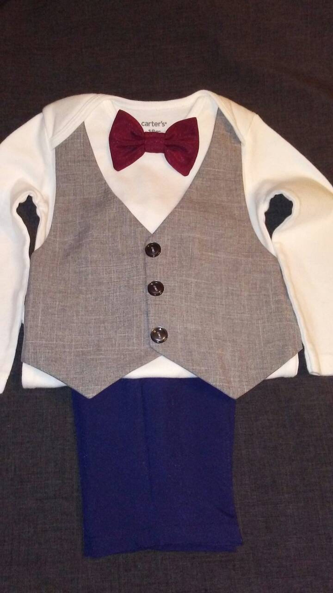 Baby Boy Gray & Navy Outfit Suit Wedding Gray Vest Navy Pants Burgundy