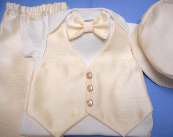Baptism Outfit Christening Wedding Baby Suit Newborn-24 mo.Vest Bow Tie Pants & Hat Ivory Sateen Suit Fabric Easter Special Occasion