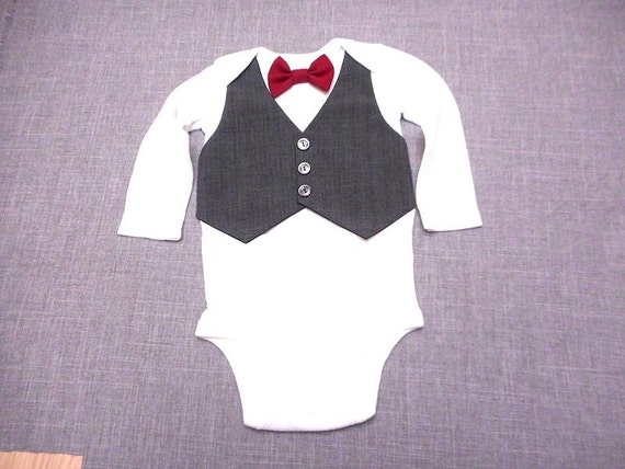 Baby Boy Clothes Vest Bodysuit Dark Gray Pin Stripe Suit Fabric Burgundy  Bow Tie or Any Color Bow Tie Newborn to 24