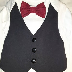 Baby Wedding Outfit Tux Black Baby Suit Tux Carter'sBodysuit Vest Pants Burgundy BowTie ANY Color BowTie Newb-24mo. Add Hat USA BabyCuteBaby image 5