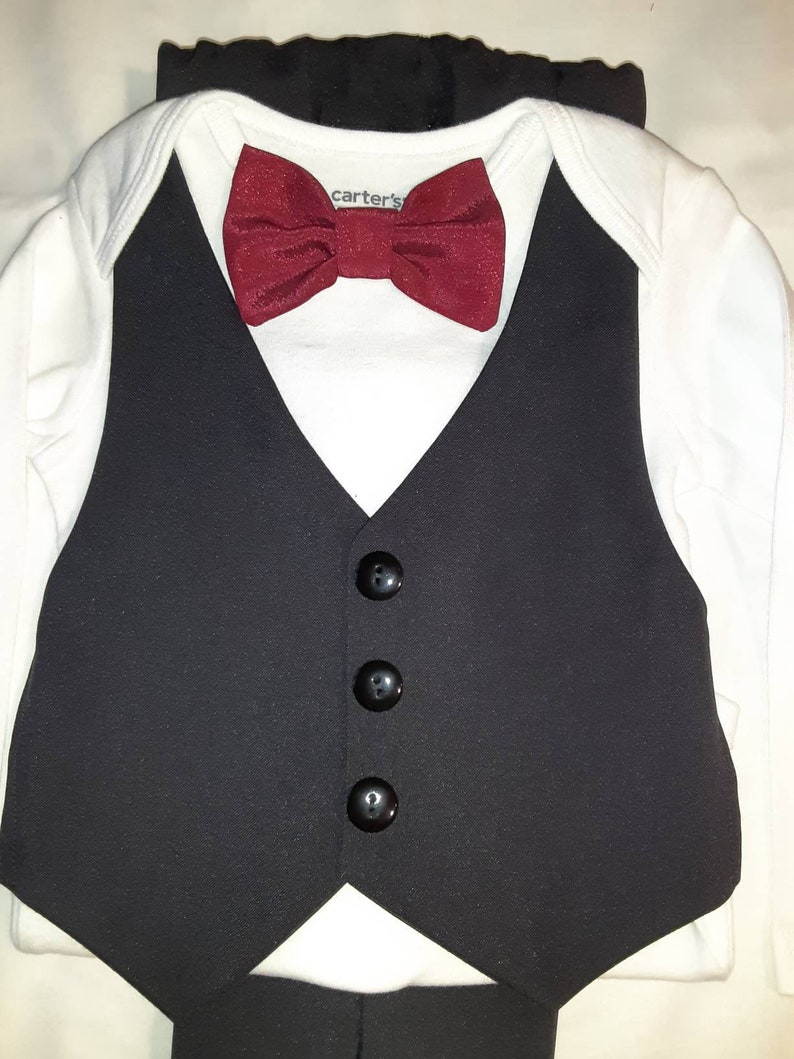 Baby Wedding Outfit Tux Black Baby Suit Tux Carter'sBodysuit Vest Pants Burgundy BowTie ANY Color BowTie Newb-24mo. Add Hat USA BabyCuteBaby image 5