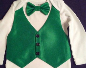 Baby Boy Kelly Green Vest & Bow Tie Carter'sBodysuit short or long sleeve Newbornto24 mo.Wedding St.Patricks Day BabyCuteBaby AMERICAN MADE