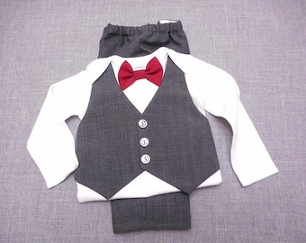 Wedding Baby Boy Outfit Suit Charcoal Gray w/Dark PinStripe Vest & Pants Burgundy BowTie Suit Fabric Newborn-24 mo.Ring Bearer Photos