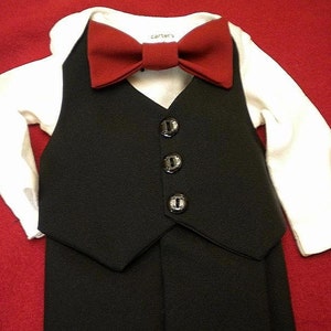 Baby Wedding Outfit Tux Black Baby Suit Tux Carter'sBodysuit Vest Pants Burgundy BowTie ANY Color BowTie Newb-24mo. Add Hat USA BabyCuteBaby image 7