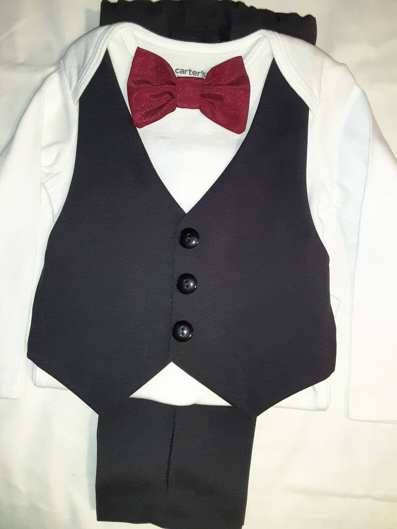 Baby Wedding Outfit Tux Black Baby Suit Tux Carter'sBodysuit Vest Pants Burgundy BowTie ANY Color BowTie Newb-24mo. Add Hat USA BabyCuteBaby image 1