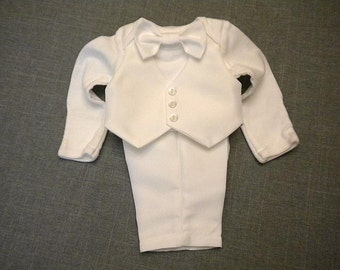 Baby Boy Christening Baptism Outfit Suit White Satin Blessing Bodysuit Vest Bow Tie & Pants White Satin Sheen Bridal Fabric Newbornto24 mo.