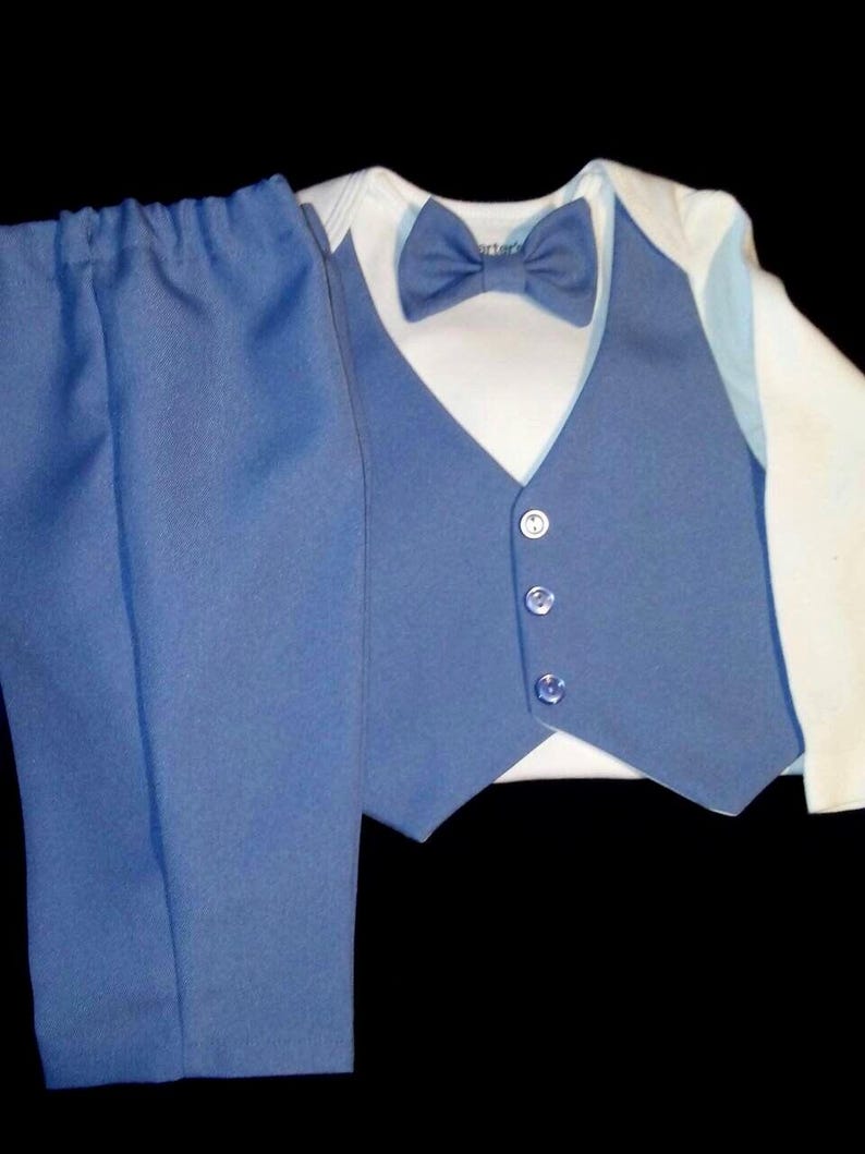 Baby Boy Outfit Suit Slate Blue Easy Care Suit Fabric Short or Long Sleeve Carter's Bodysuit Newborn to24 mo. Handmade USA BabyCuteBaby 画像 4