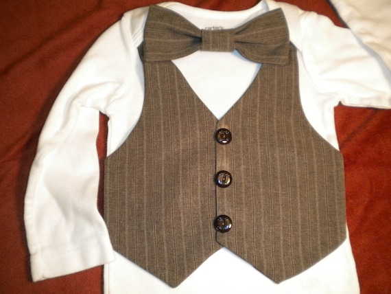 Baby Boy Vest Bow Tie Carter's Bodysuit Brown Pin Stripe Vest Bow Tie  Suit Fabric Short or Long Sleeve Weddings Newborn to 24