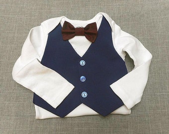 Baby Vest and Bow Tie Navy Blue Suit Fabric -Weddings Holidays Birthday Photos-  Wine Color Bow Tie OR Any Color Bow Tie Newborn to 24month