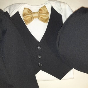 Baby Wedding Outfit Tux Black Baby Suit Tux Carter'sBodysuit Vest Pants Burgundy BowTie ANY Color BowTie Newb-24mo. Add Hat USA BabyCuteBaby image 9