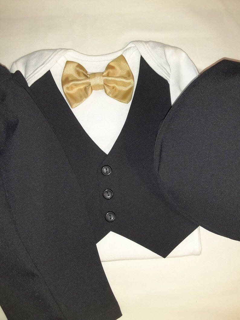 Baby Wedding Outfit Tux Black Baby Suit Tux Carter'sBodysuit Vest Pants Burgundy BowTie ANY Color BowTie Newb-24mo. Add Hat USA BabyCuteBaby image 9