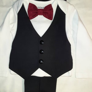 Baby Wedding Outfit Tux Black Baby Suit Tux Carter'sBodysuit Vest Pants Burgundy BowTie ANY Color BowTie Newb-24mo. Add Hat USA BabyCuteBaby image 4