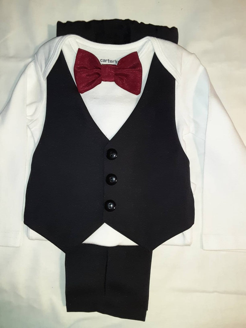 Baby Wedding Outfit Tux Black Baby Suit Tux Carter'sBodysuit Vest Pants Burgundy BowTie ANY Color BowTie Newb-24mo. Add Hat USA BabyCuteBaby image 4