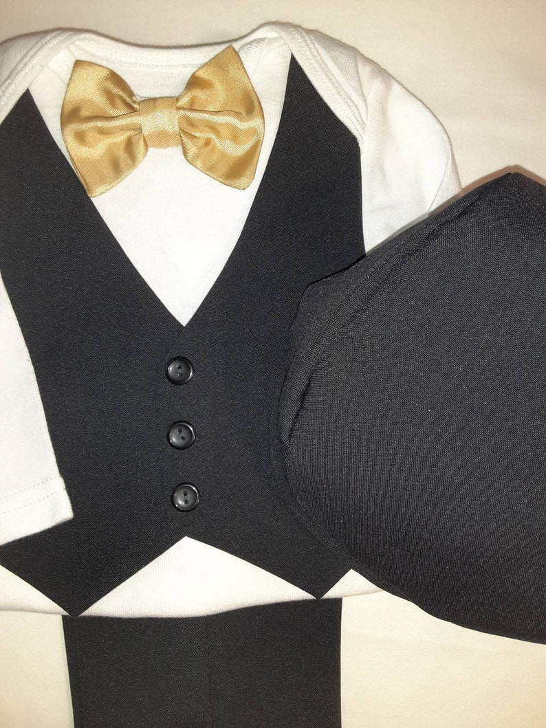 Baby Wedding Outfit Tux Black Baby Suit Tux Carter'sBodysuit Vest Pants Burgundy BowTie ANY Color BowTie Newb-24mo. Add Hat USA BabyCuteBaby image 10