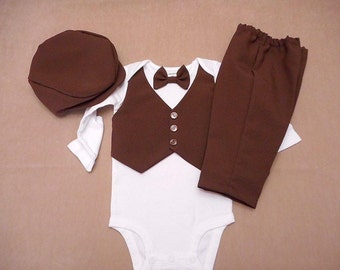 Baby Boy Suit Clothes Vest Bow Tie Bodysuit Pants & Newsboy Hat Brown Suit Fabric Any Size for Any Occassion Visit BabyCuteBaby shop