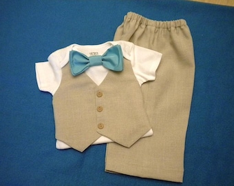 Baby Boy Outfit Suit Tan Vest Pants Suit Fabric Carter's Bodysuit Aqua BowTie orAny Color BowTie Wedding Easter Baptism Short or Long Sleeve