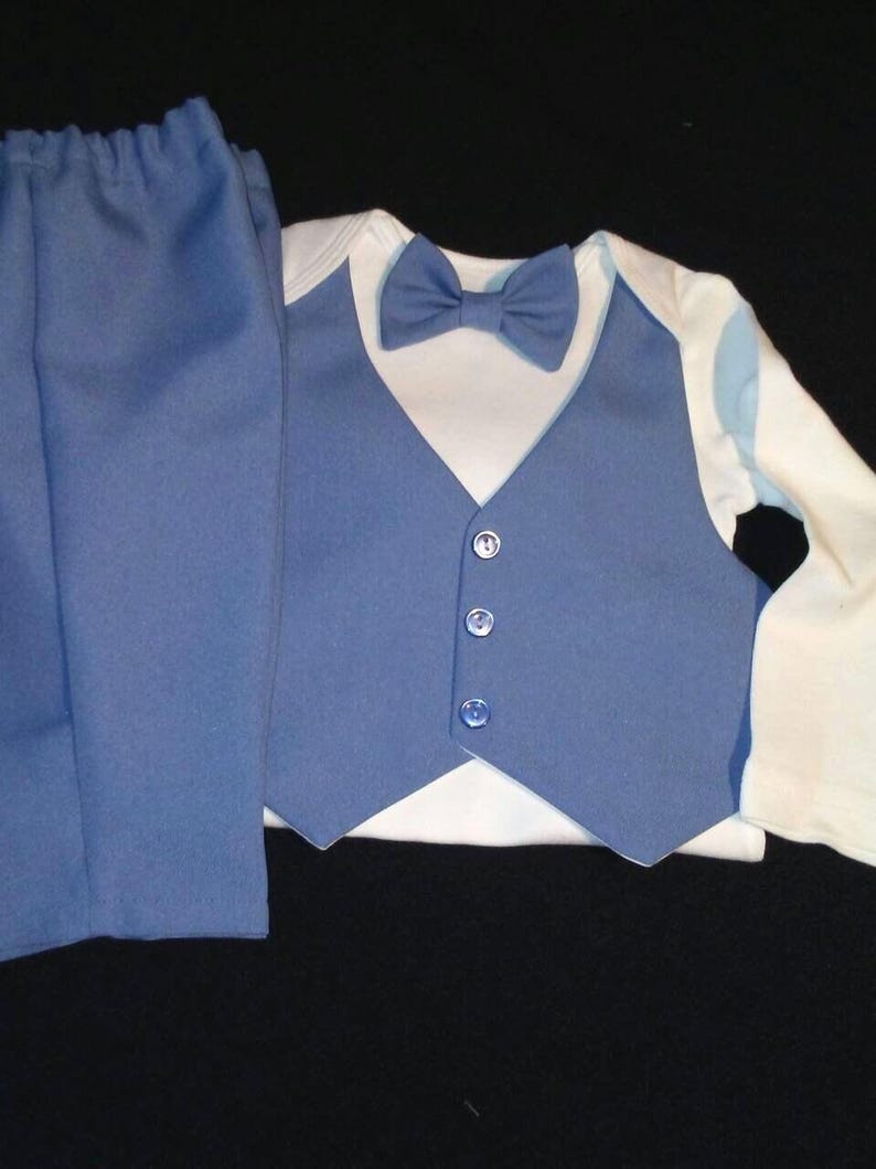Baby Boy Outfit Suit Slate Blue Easy Care Suit Fabric Short or Long Sleeve Carter's Bodysuit Newborn to24 mo. Handmade USA BabyCuteBaby 画像 1