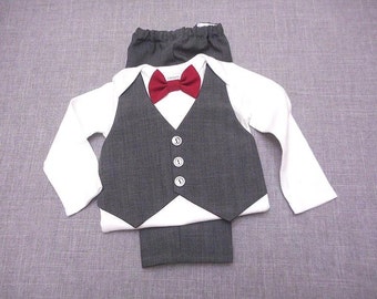 Wedding Baby Suit Charcoal Gray w/Dark PinStripe Gray Vest & Pants Burgundy ORAnyColor BowTie SuitFabric AnySize Easter Any Special Occasion
