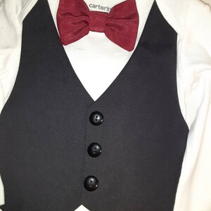 Baby Wedding Outfit Tux Black Baby Suit Tux Carter'sBodysuit Vest Pants Burgundy BowTie ANY Color BowTie Newb-24mo. Add Hat USA BabyCuteBaby image 6