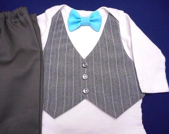 Wedding Baby Suit Vest Gray PinStripe &Gray Pants BodySuit Aqua BowTie AnyColor BowTie OR Vest Bodysuit Bow Tie 25.Newb-24 mo.Holiday Photos