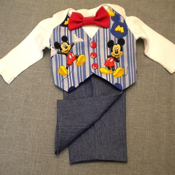 Baby Mickey Mouse Vest & Red Bow Tie and Denim Pants Newborn to 24 mo. Birthday Photos Special Occasion Visit BabyCuteBaby AMERICAN HANDMADE