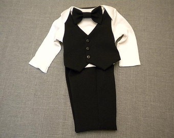 Baby Boy Black Tux Wedding Suit Vest Bow Tie w Bodysuit Pants Hat DressUp Baby Suit Fabric Carter's bodysuit Newborn-24 mo. Ring Bearer