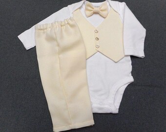 Boy Baptism Christening Easter Baby Suit Outfit Vest Bow Tie Pants & Bodysuit FrenchVanilla Easter Weddings Photos Blessing Newborn -24 mo.