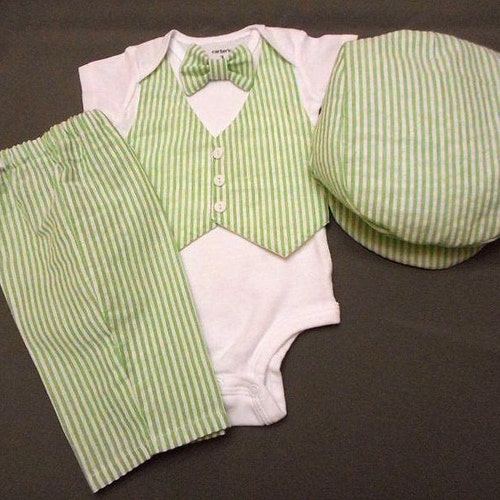 Baby Boy Outfit Suit Hat Vest Pants BowTie CarterBodysuit short-long slv Seersucker Mint Green White/Gray White/ Blue White Summer Wedding