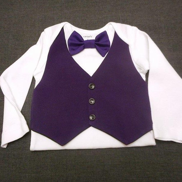 Baby Vest Bow Tie Dark Purple Suit Fabric Carter's Bodysuit Short or Long Sleeve Newborn to 24month Ring Bearer Photos Wedding Easter