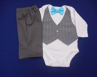 Baby Boy Wedding Outfit Suit add HAT-Vest & Pants Gray Stripe Vest w Hat Any color Bow Tie Suit Fabric Newb.to24 mo. Long or Short sleeve