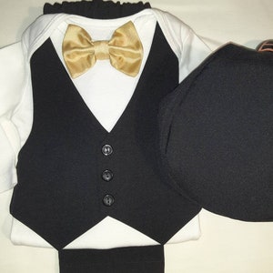 Baby Wedding Outfit Tux Black Baby Suit Tux Carter'sBodysuit Vest Pants Burgundy BowTie ANY Color BowTie Newb-24mo. Add Hat USA BabyCuteBaby image 8